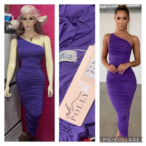 OH POLLY COLD SHOULDER ASYMMETRIC RUCHED MIDAXI DRESS IN PURPLE✨ - Picture 4 of 5